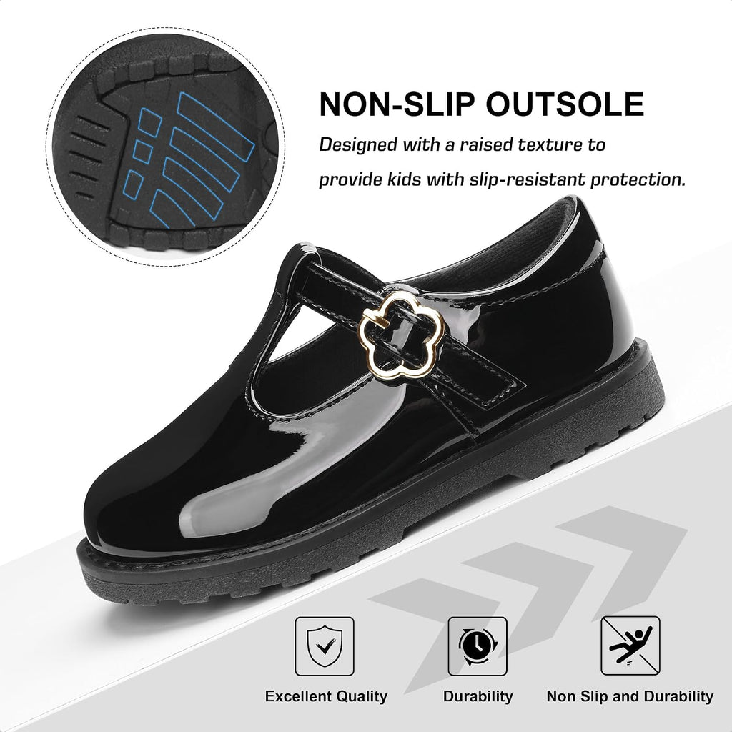 Toddler Girls Mary Jane Flats with Adjustable Hook-and-Loop Girls Party School Uniform Loafer Shoes