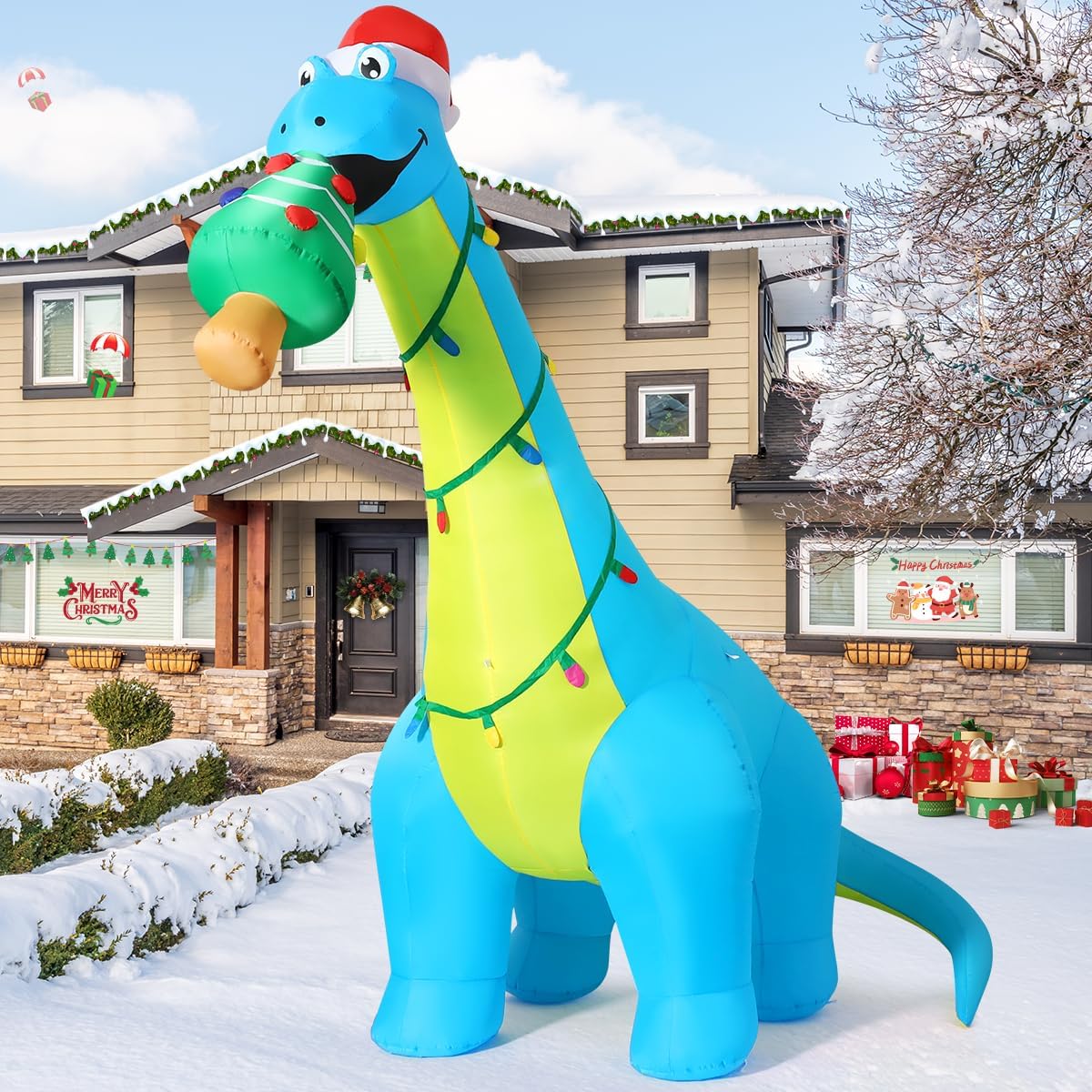 10FT Christmas Inflatables Dinosaur with Christmas Tree Yard Decor | Built-in LEDs and dinosaur with Christmas tree