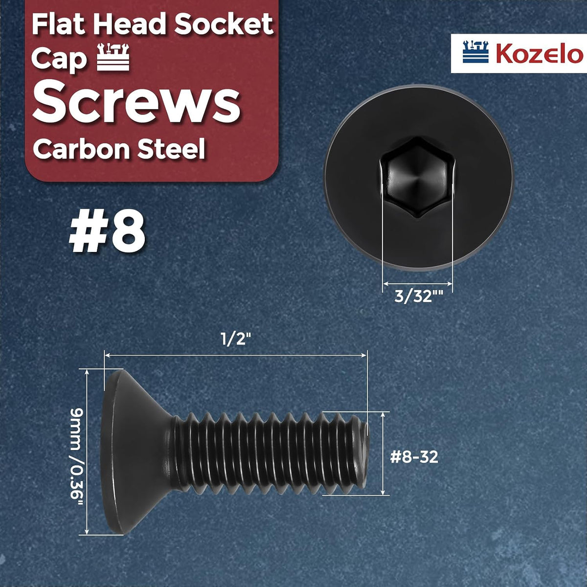 20Pcs #8-32x1/2 Flat Head Socket Cap Screw Countersunk Bolt