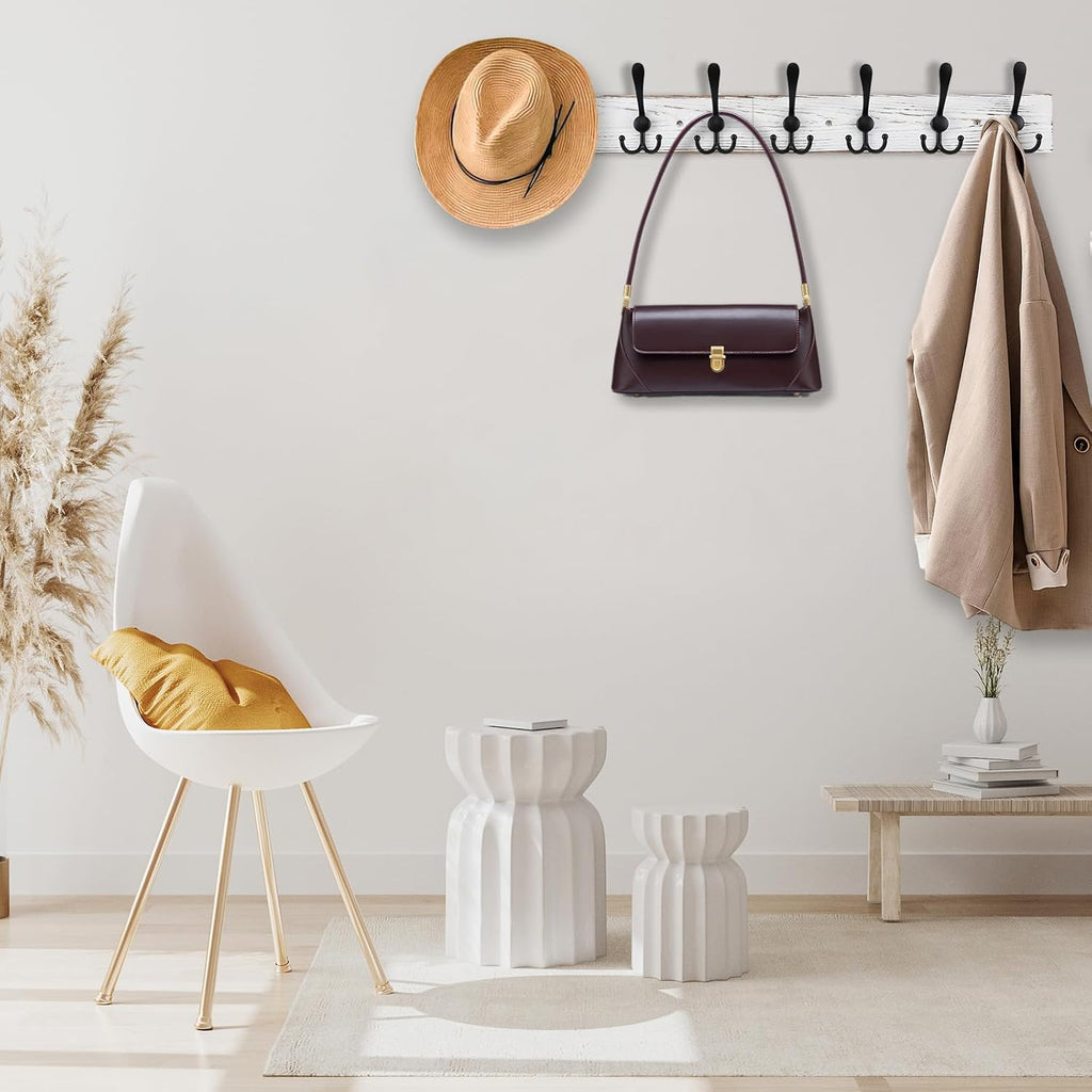 32.2'' Large Coat Rack Wall Mount Coat Hooks with 8 Metal Black Triple-Hooks Old White Pine Real Wood Plank Hat Rack