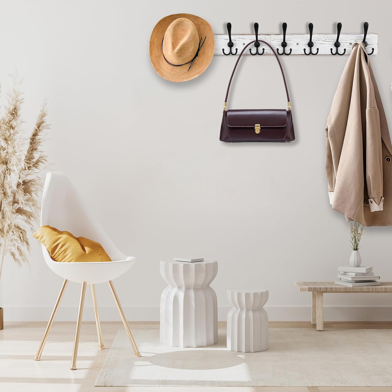 32.2'' Large Coat Rack Wall Mount Coat Hooks with 8 Metal Black Triple-Hooks Old White Pine Real Wood Plank Hat Rack
