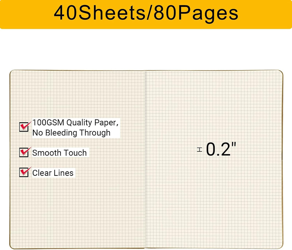 Graph Journal, 3 Packs Large A4 8.5" x 11" 40 Sheets/ 80 Pages, 100gsm Thick Paper Kraft Sketchbook Composition Diary