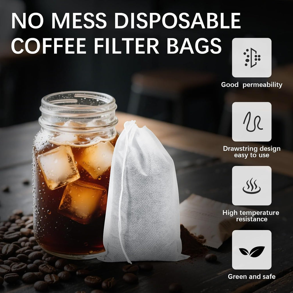 150 Pcs Cold Brew Bags 4x6 inch, No Mess Disposable Cold Brew Coffee Filter Pouches with Drawstring Large Empty Tea Bag for Loose Leaf Tea, Iced Coffee, Herbs, Spice, Home brewing, Hot pot
