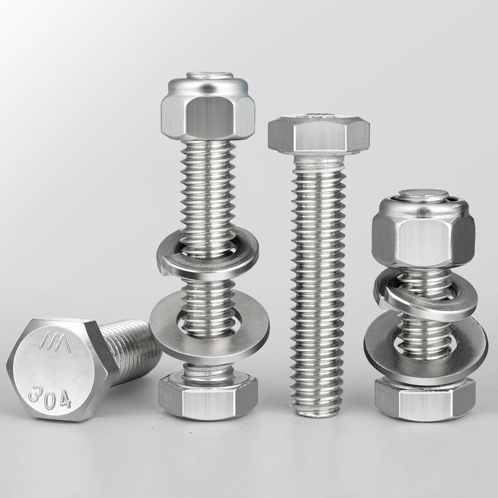 (4 Sets) 3/8-16 x 5 Hex Head Screw Bolt,Lock Nuts,Flat & Lock Washers Kits,304 Stainless Steel 18-8,Fully Threaded