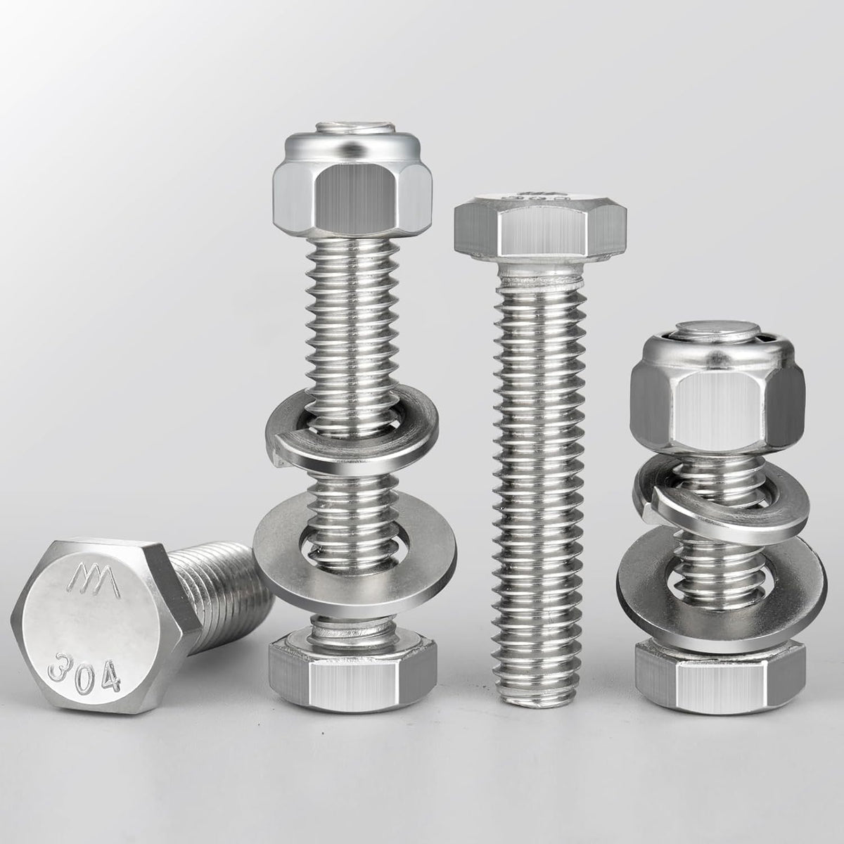 (4 Sets) 3/8-16 x 5 Hex Head Screw Bolt,Lock Nuts,Flat & Lock Washers Kits,304 Stainless Steel 18-8,Fully Threaded