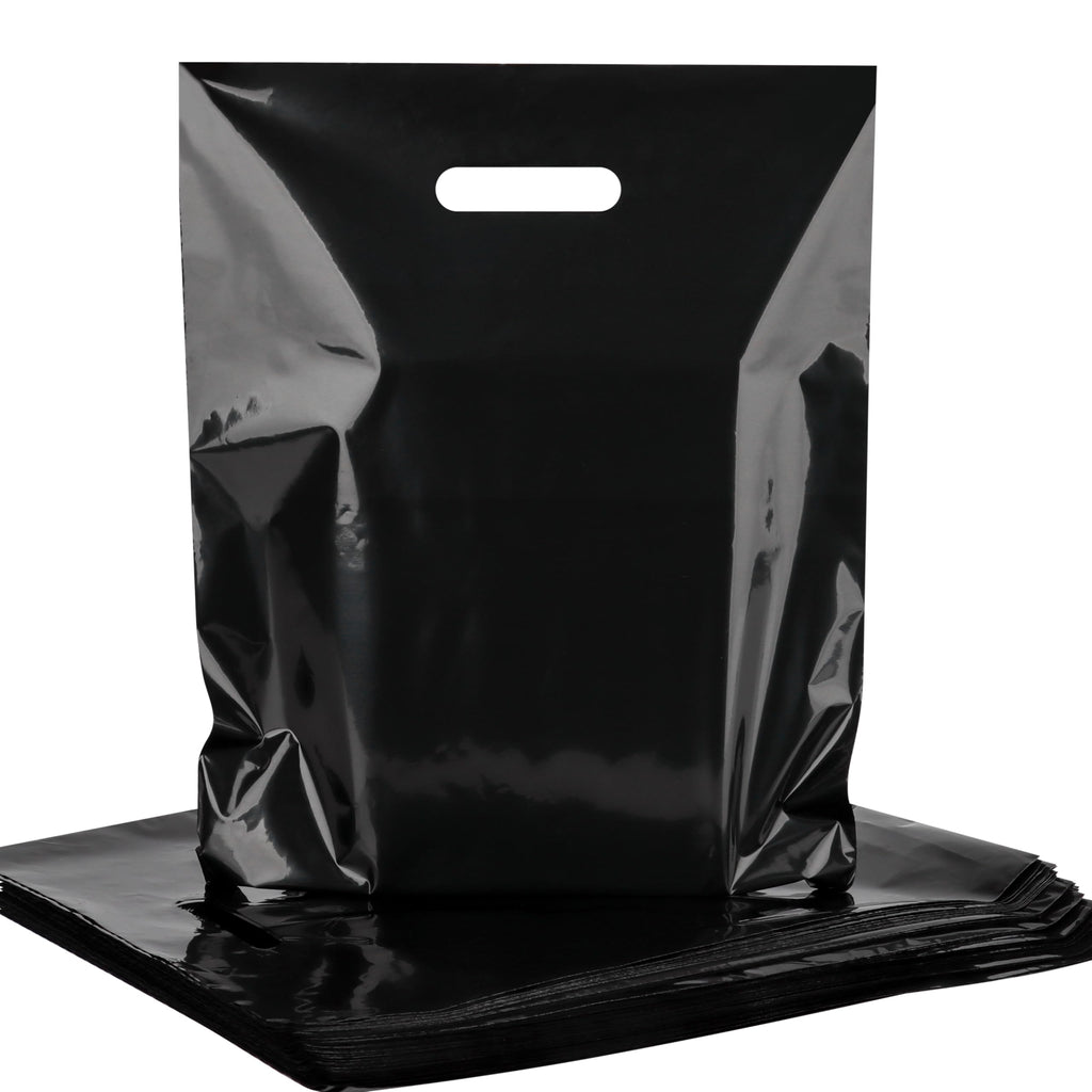 100-Pack Black Plastic Shopping Bags with Handles, 12x15 In Gift Bag