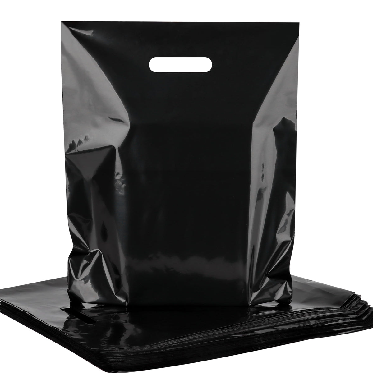 100-Pack Black Plastic Shopping Bags with Handles, 12x15 In Gift Bag