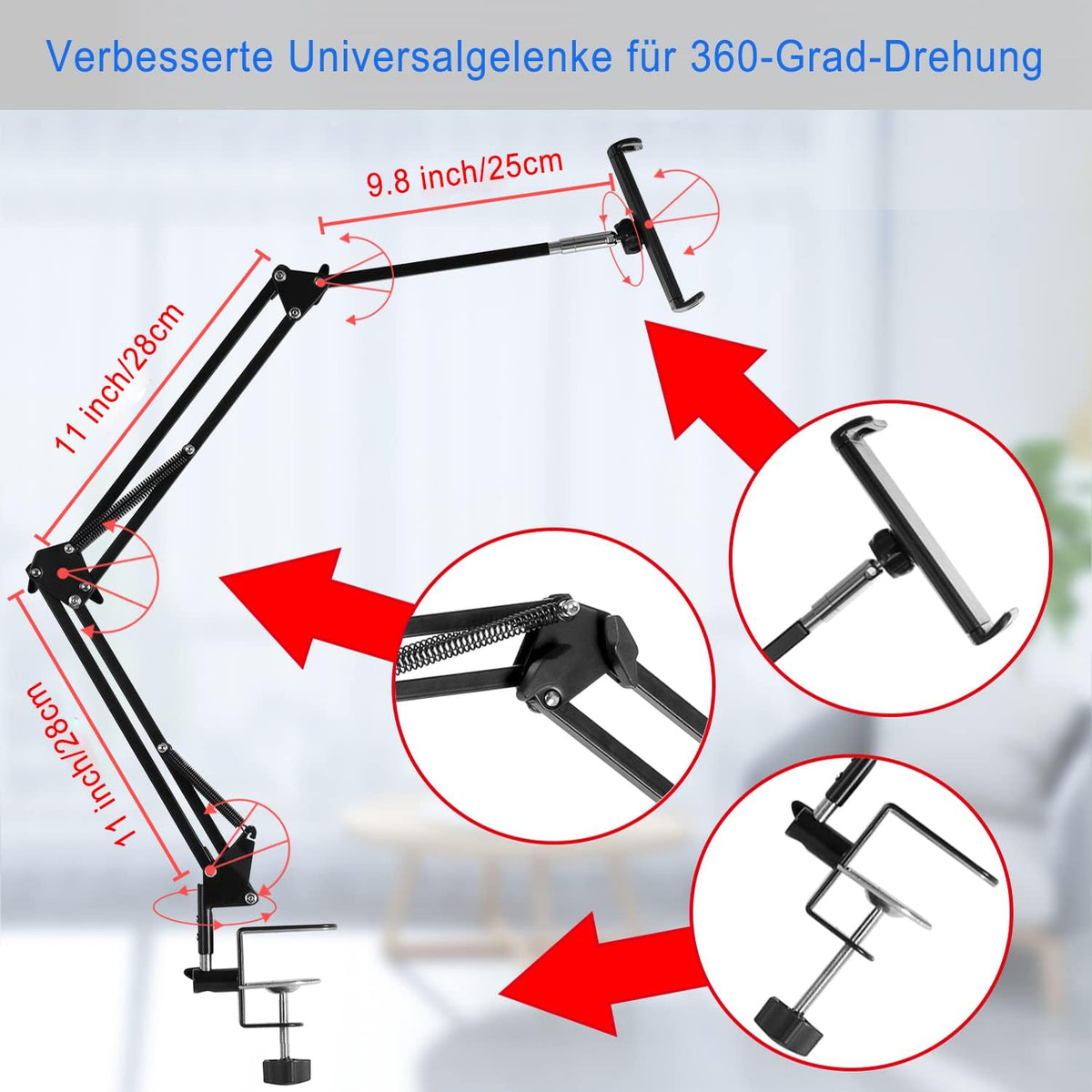Tablet Stand Adjustable,Foldable Arm Stand for Bed,Aluminum Universal Flexible Tablet Holder with 360 Degree Rotation