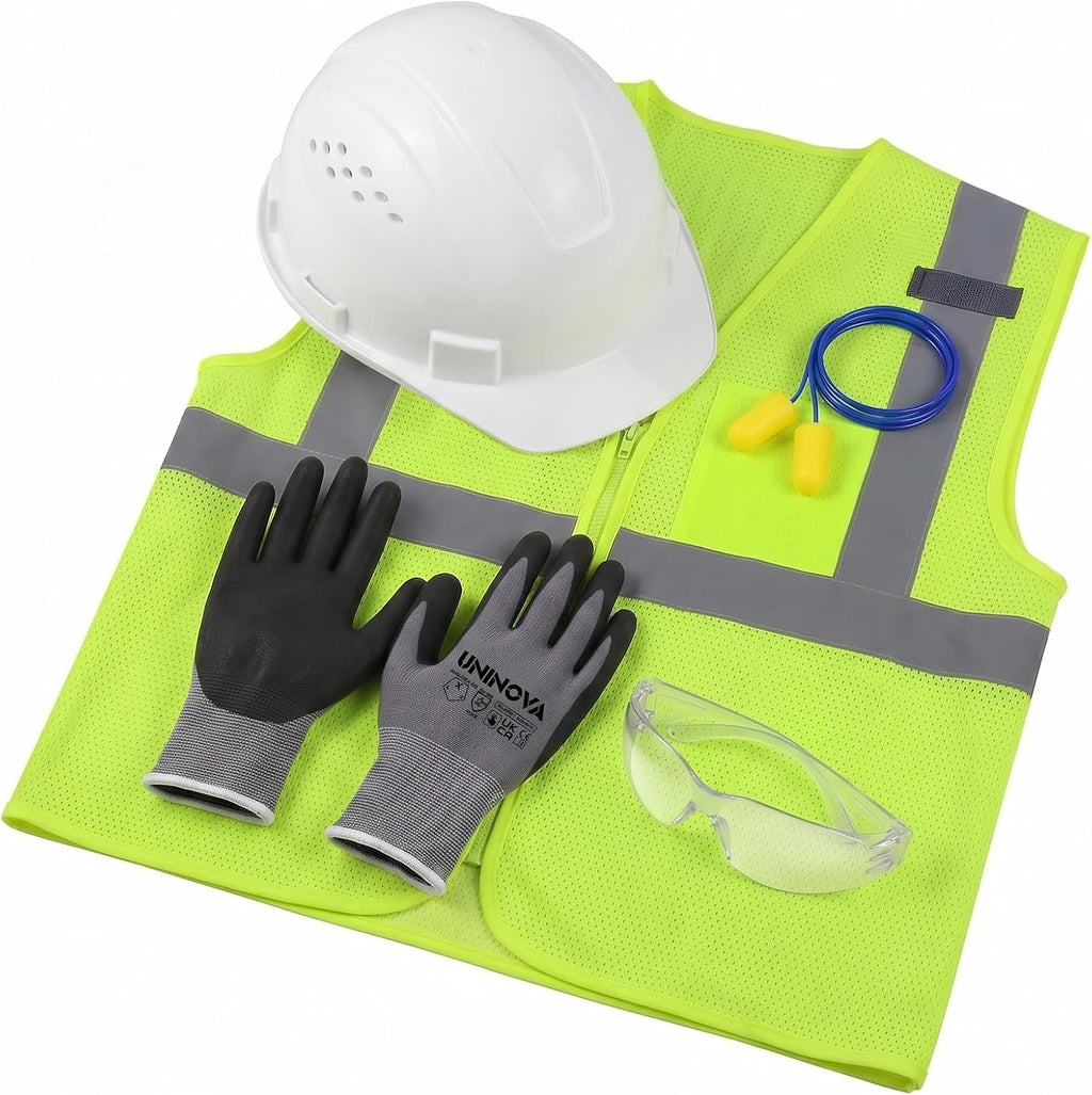 Vented Hard Hat, Safety Vest & Glasses, Work Gloves, Earplugs