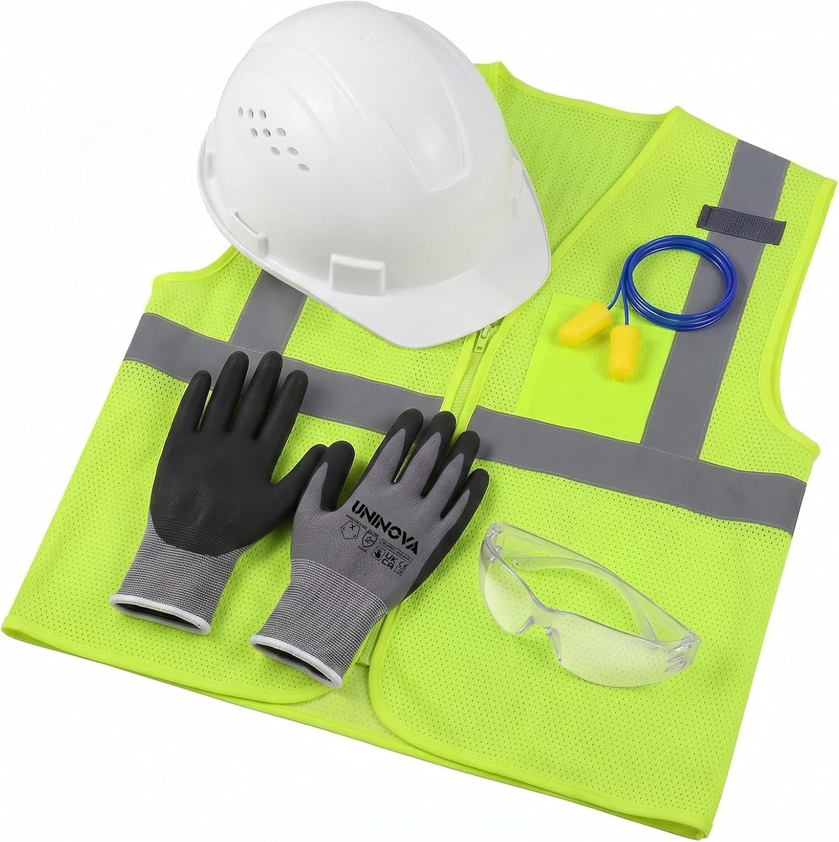 Vented Hard Hat, Safety Vest & Glasses, Work Gloves, Earplugs