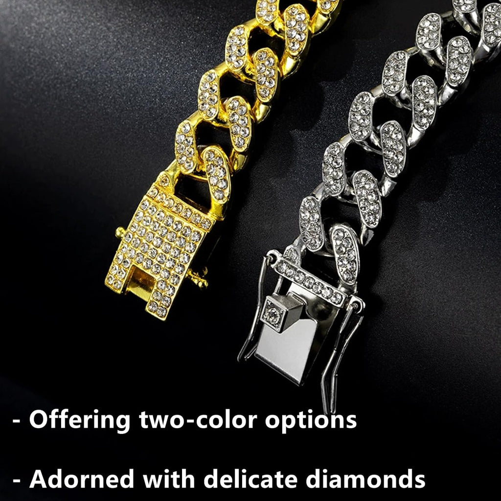 Cat Chain Collar, 2 Pcs Diamond Cuban Link Kitten Walking Collar with Secure Buckle Pet Rhinestones Necklace Metal