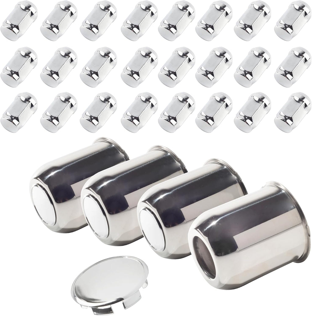 4-Pack Trailer Push Through Center Caps and Trailer Wheel Lug Sets - 3.74in Wheel Center Caps Chrome Wheel Cover