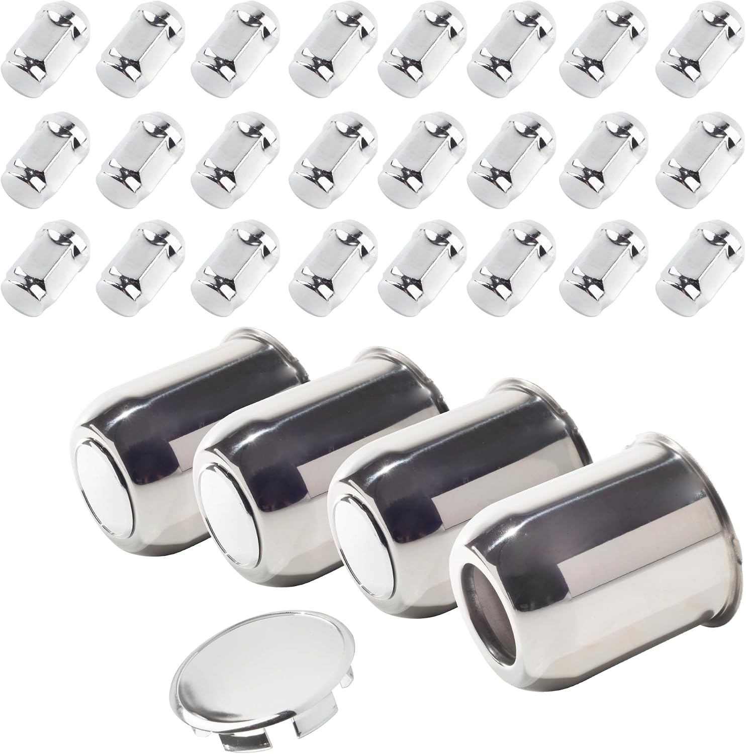 4-Pack Trailer Push Through Center Caps and Trailer Wheel Lug Sets - 3.74in Wheel Center Caps Chrome Wheel Cover