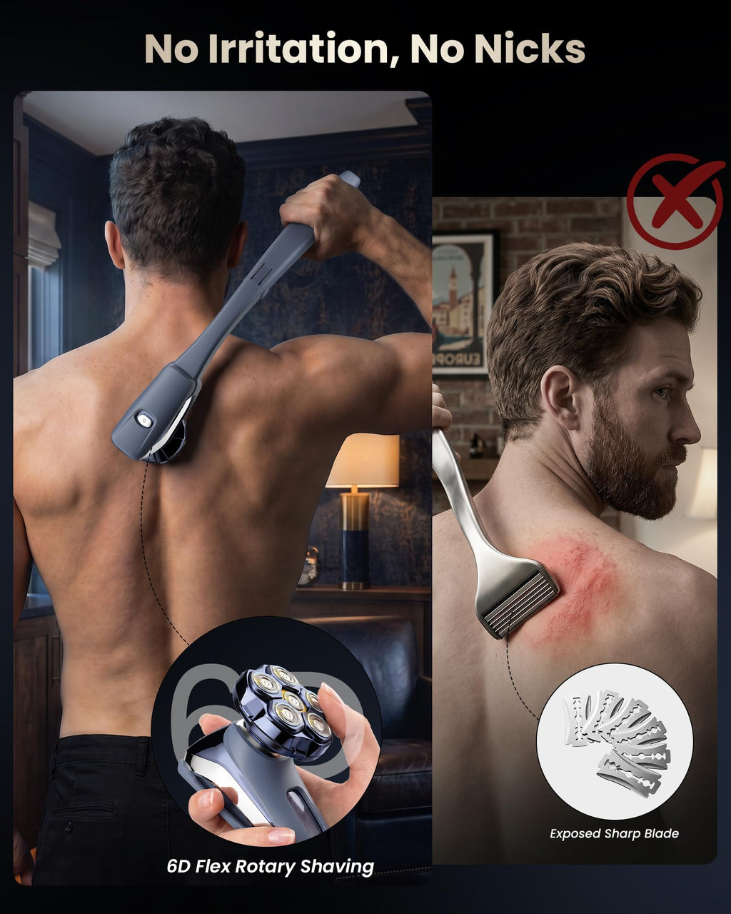 Electric Back Shaver for Men w/Long Handle, 6D Body Shaver Head