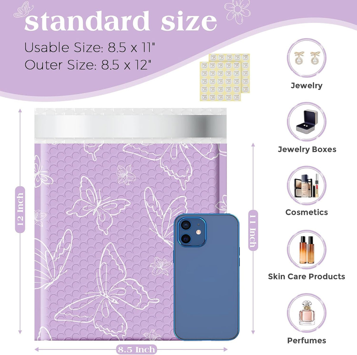 Cute Design Bubble Mailers 8.5x12 Inch 40 Pack Purple Butterfly