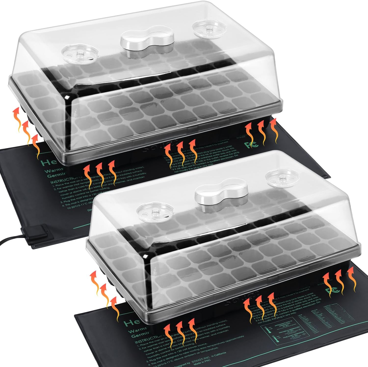 2 Set 60-Cell Seed Starter Kit with Domes, Cell Trays and Heat Mats | Cloning, Propagation and Germination Station