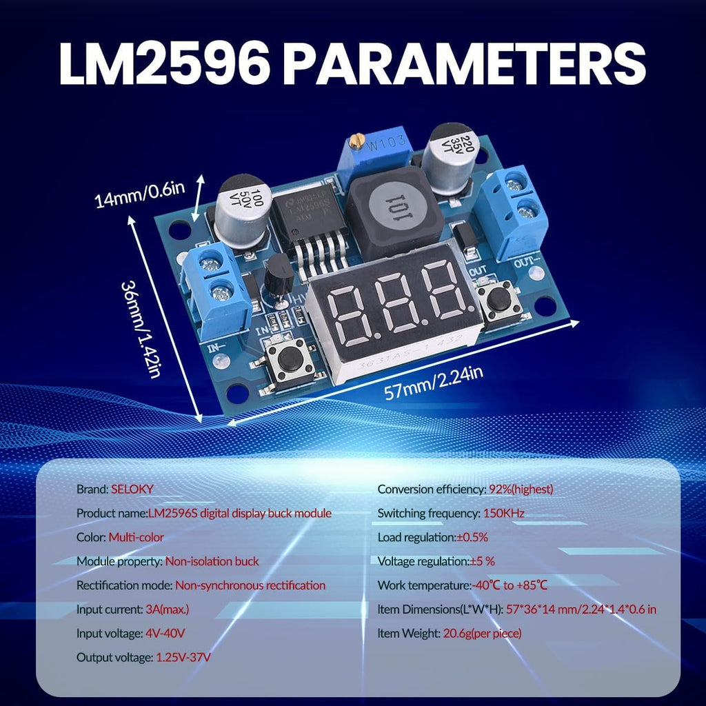 LM2596 Adjustable DC-DC Step-Down Buck Converter Module with LED Voltmeter Display, Voltage Regulator 4.0-40V Input to 1.25-37V Output Power Supply Module (Pack of 2)