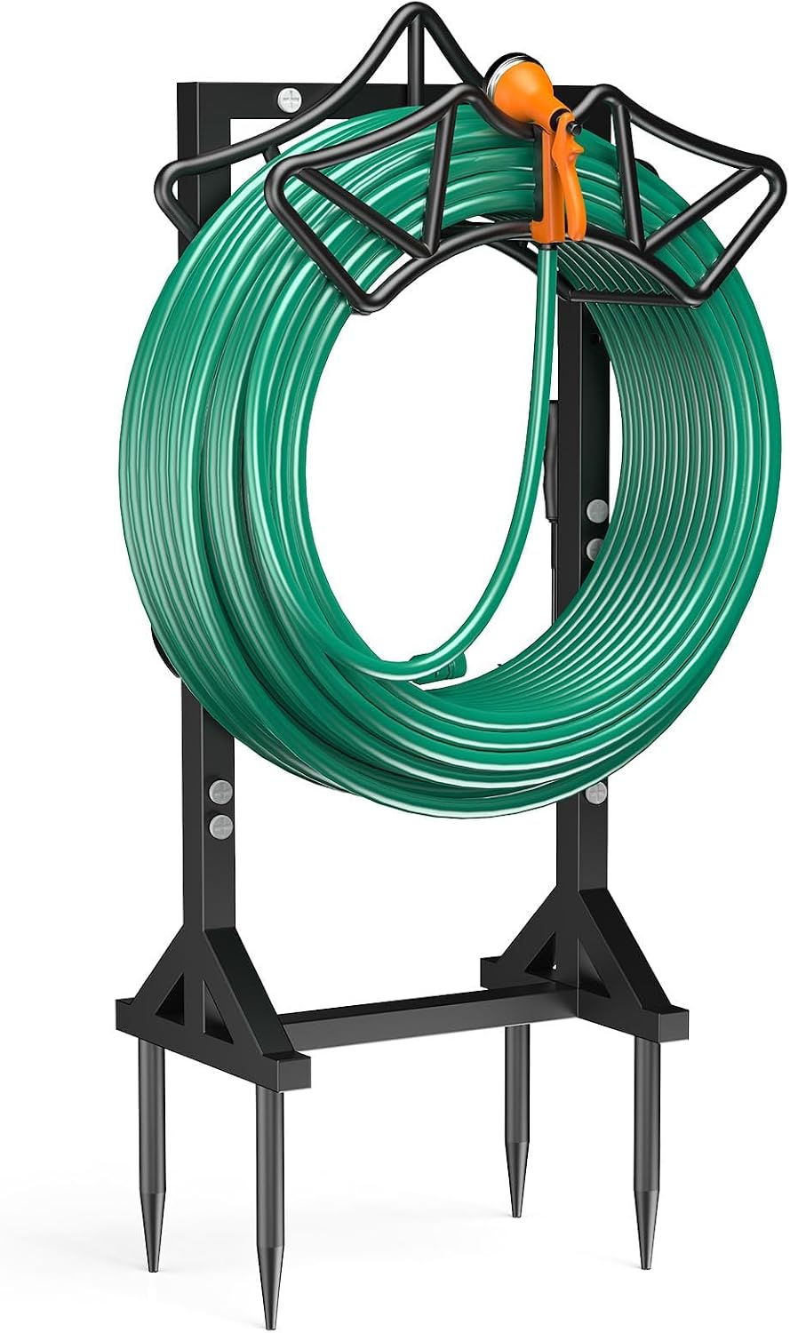 Garden Hose Holder with 2 Tool Hooks Heavy-Duty Water Hose Reel Rustproof | Freestanding Hose Reel Metal Stand Rack