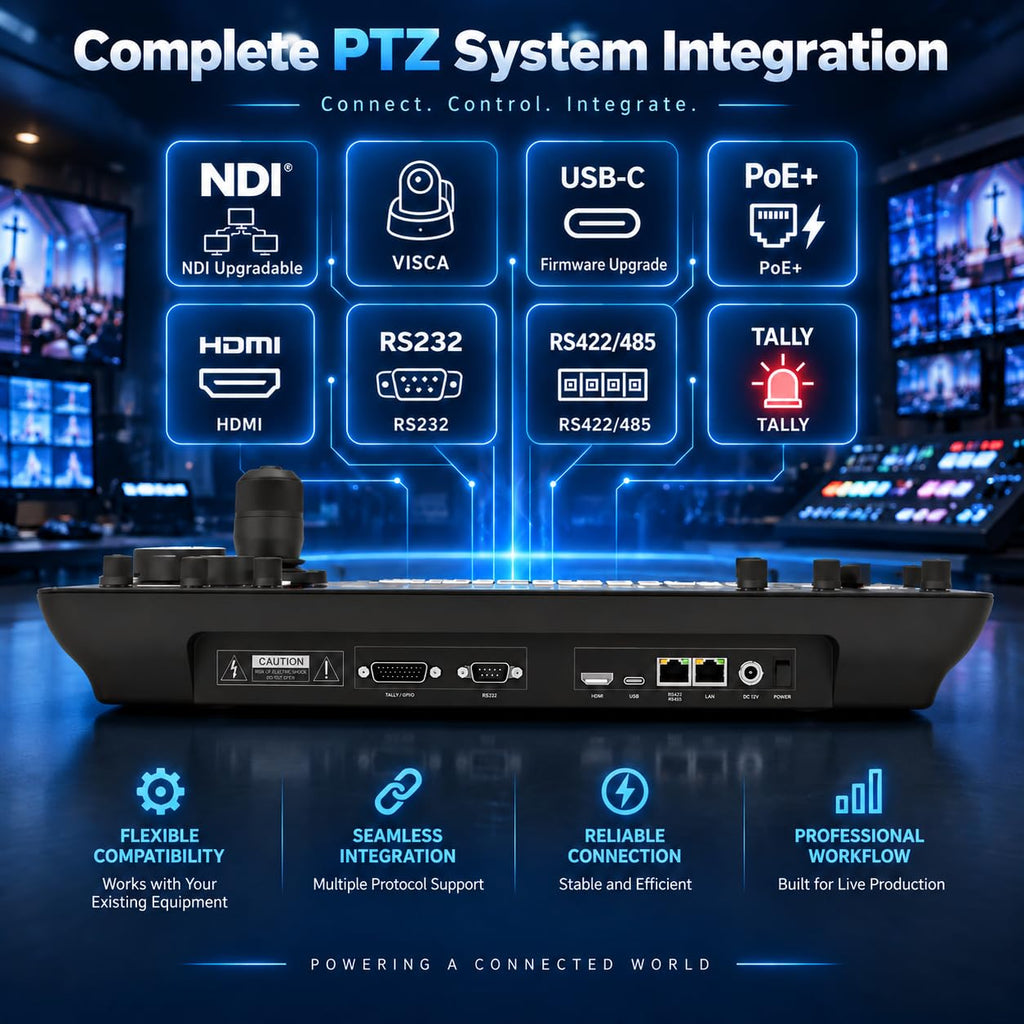 PRO AI Joy NDI PTZ Camera Controller, 7" Quad-View Touchscreen, AI Tracking Control, 4D Precision Joystick