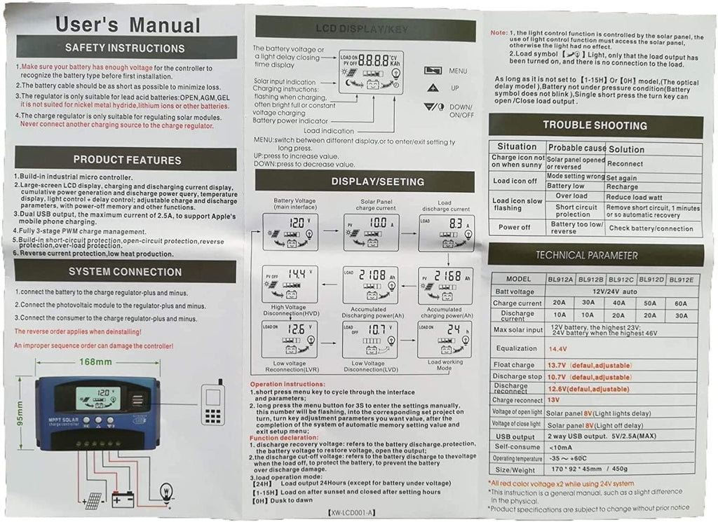100A MPPT Solar Charge Controller 12v/24v Current Auto Focus MPPT Tracking Charge with LCD Display Dual USB Solar
