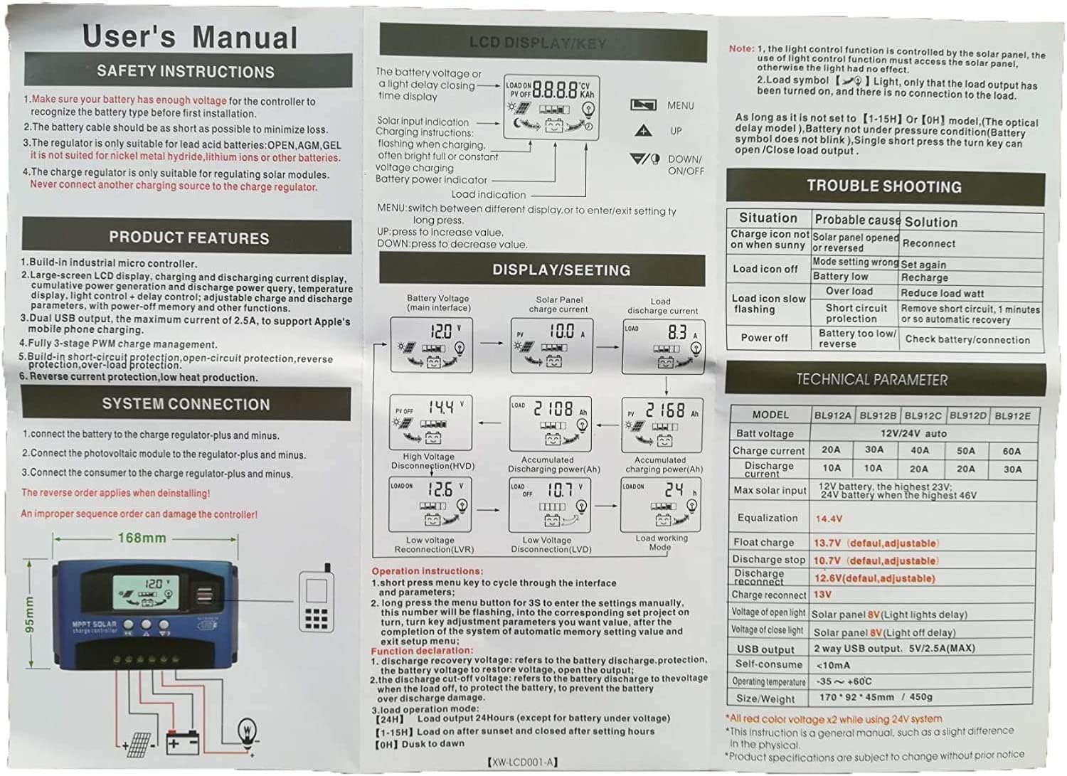 100A MPPT Solar Charge Controller 12v/24v Current Auto Focus MPPT Tracking Charge with LCD Display Dual USB Solar