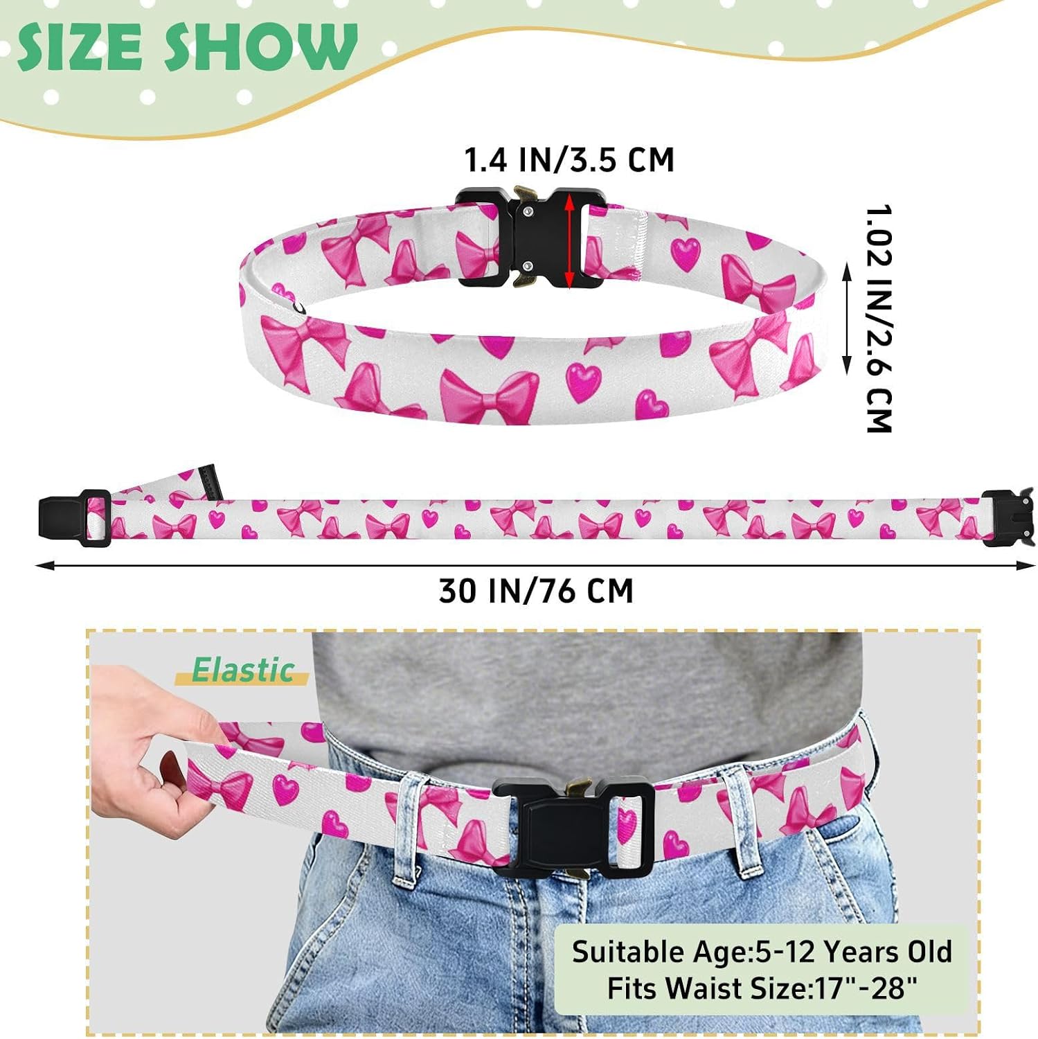 Bow Tie Adjustable Kids Elastic Belts, Girls Boys Stretch Waist Belt with Aluminum Alloy Buckle
