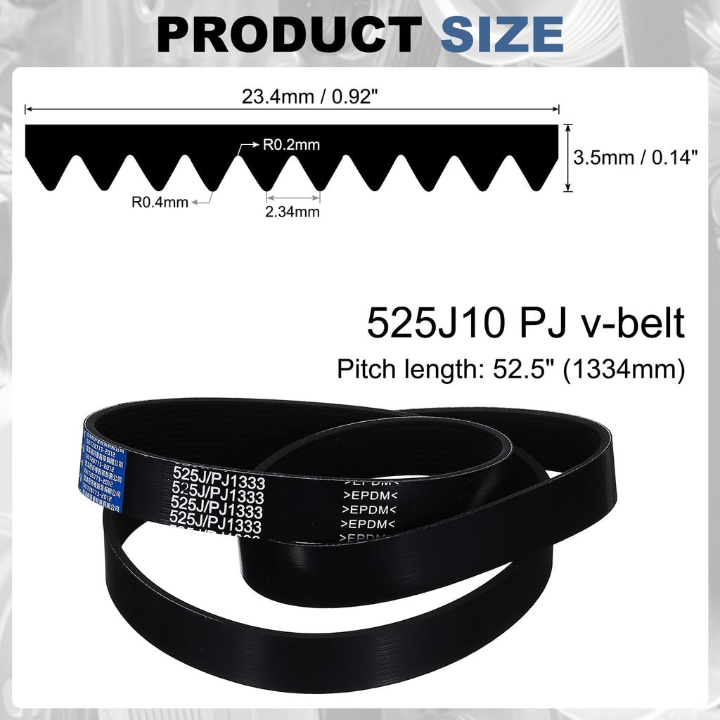 uxcell 525J10 PJ V-Ribbed Belt 10 Ribs 52.5" L x 0.92" W x 0.14" H, EPDM
