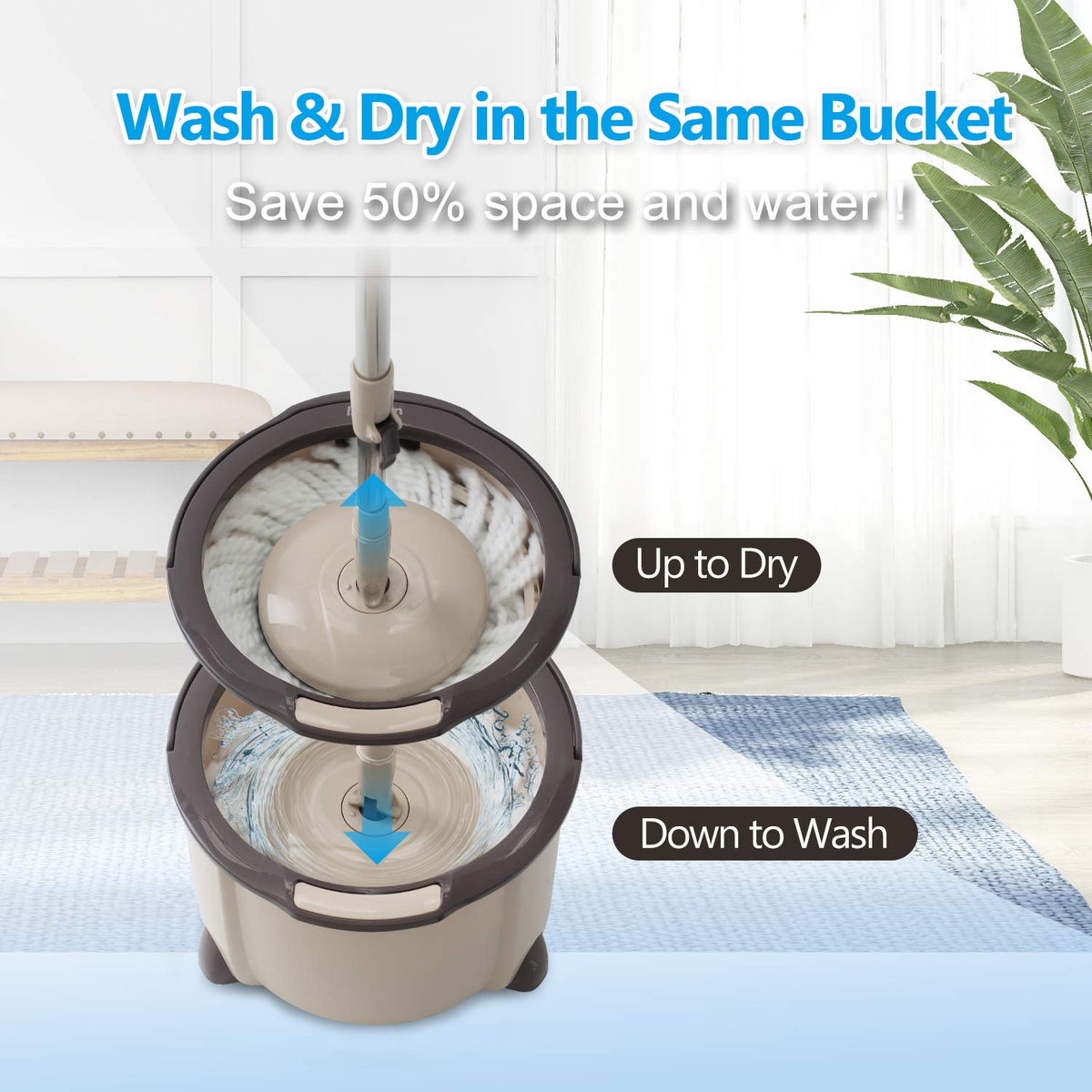 Spin Mop and Bucket Set, 2 Microfiber Heads, Wash & Dry