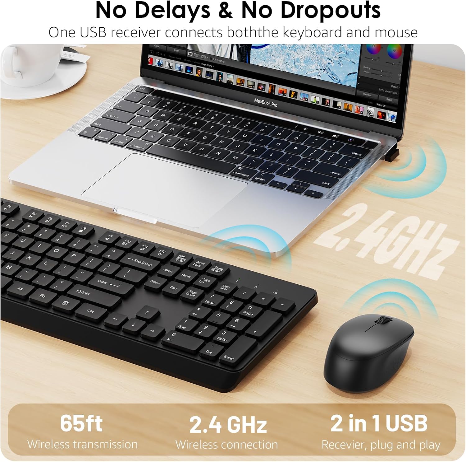 BKA BYA Wireless Keyboard and Mouse Combo,Full Size Quiet Keyboard and Mouse, 2.4GHz USB Receiver, Cordless Silent