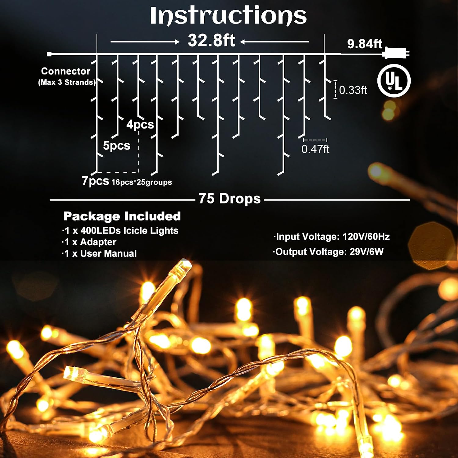 Icicle lights for Outside Christmas Lights Outdoor 33ft 400 LEDs Warm White | Twinkle String Lights with 75 Drops 8