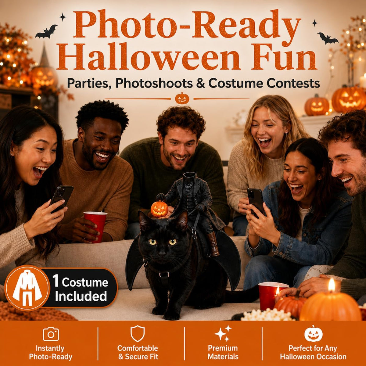 Headless Horseman Cat Costume LED Riding Illusion Halloween Pet