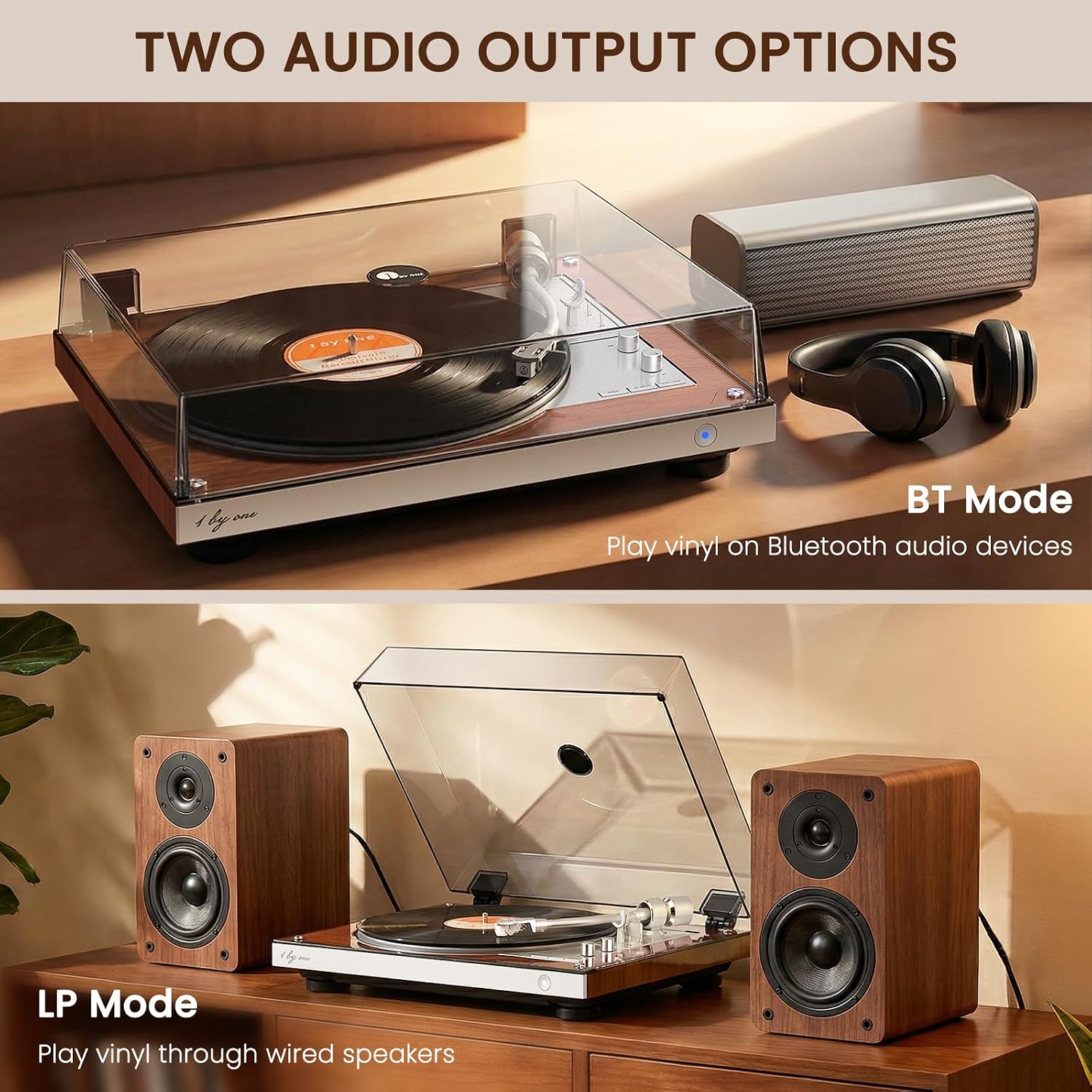 1 BY ONE Fully Automatic Belt-Drive Turntable, Wireless Vinyl Record Player | Automatic Repeat Function, Remote