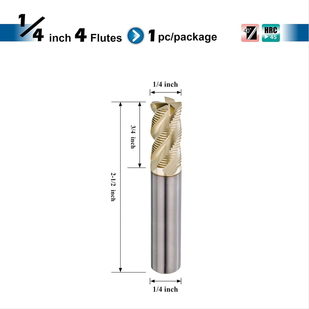 SPEED TIGER INTA Carbide Roughing End Mill - for Alloy Steels/Hardened Steels - Micro Grain Carbide End Mill - ZrN-A Coating - 4-Flute - INTA1/4-4 (1 Piece, 1/4")