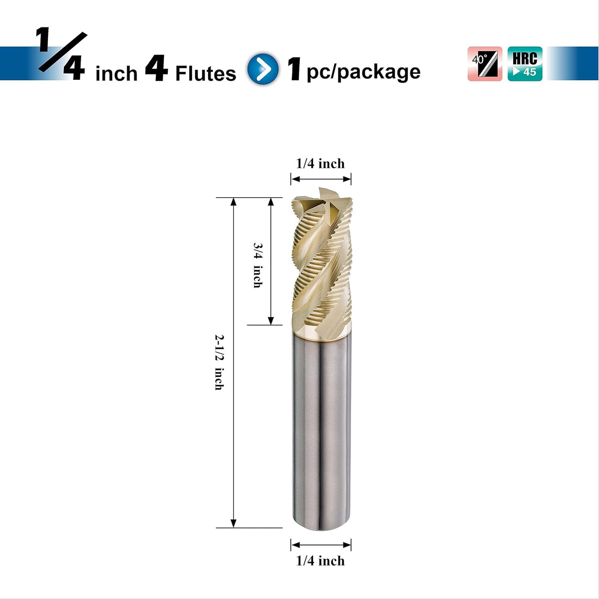SPEED TIGER INTA Carbide Roughing End Mill - for Alloy Steels/Hardened Steels - Micro Grain Carbide End Mill - ZrN-A Coating - 4-Flute - INTA1/4-4 (1 Piece, 1/4")