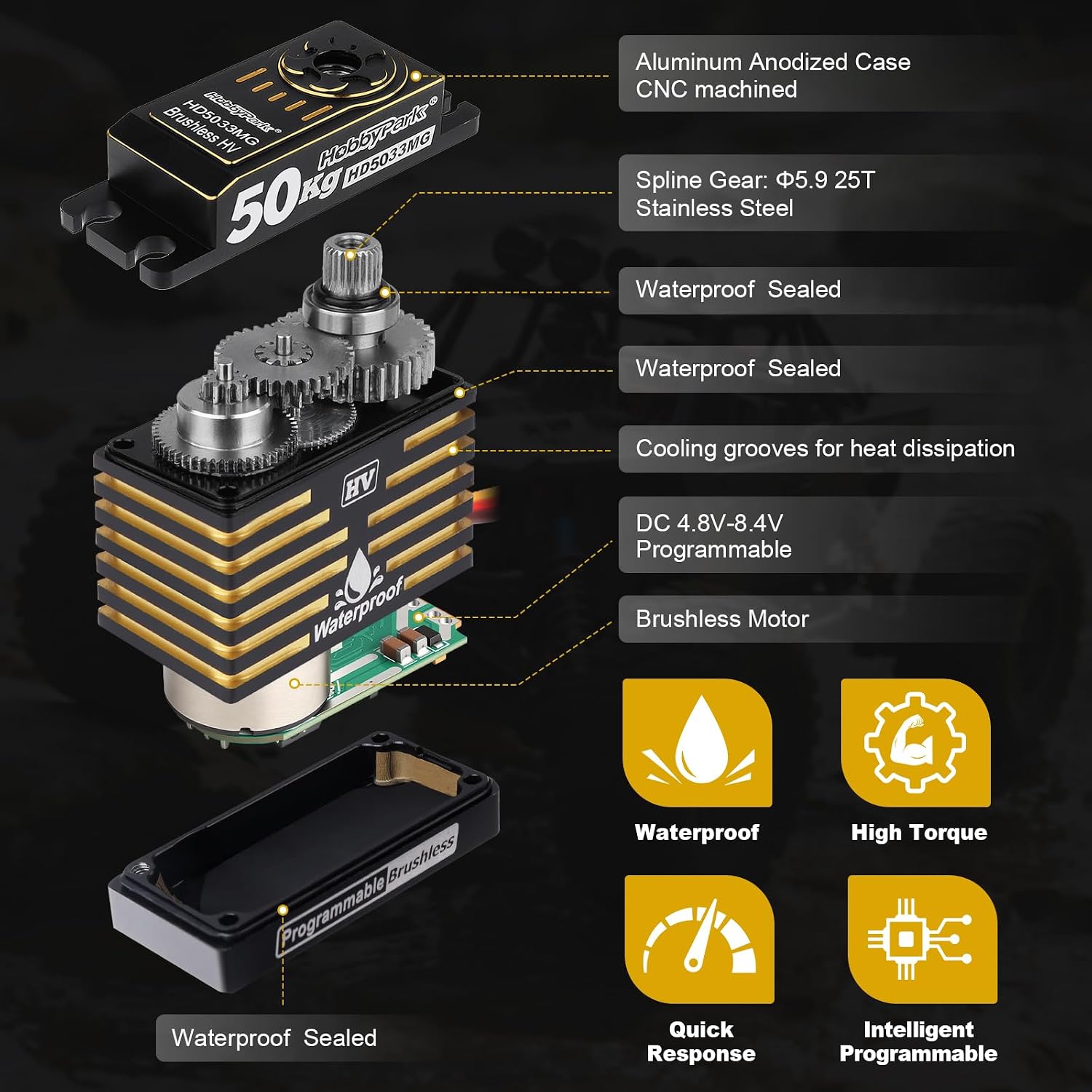 Waterproof 50KG High Torque RC Servo Brushless Motor 8.4V HV Servo Metal Gears Programmable for 1/7 1/8 1/10 1/12 RC