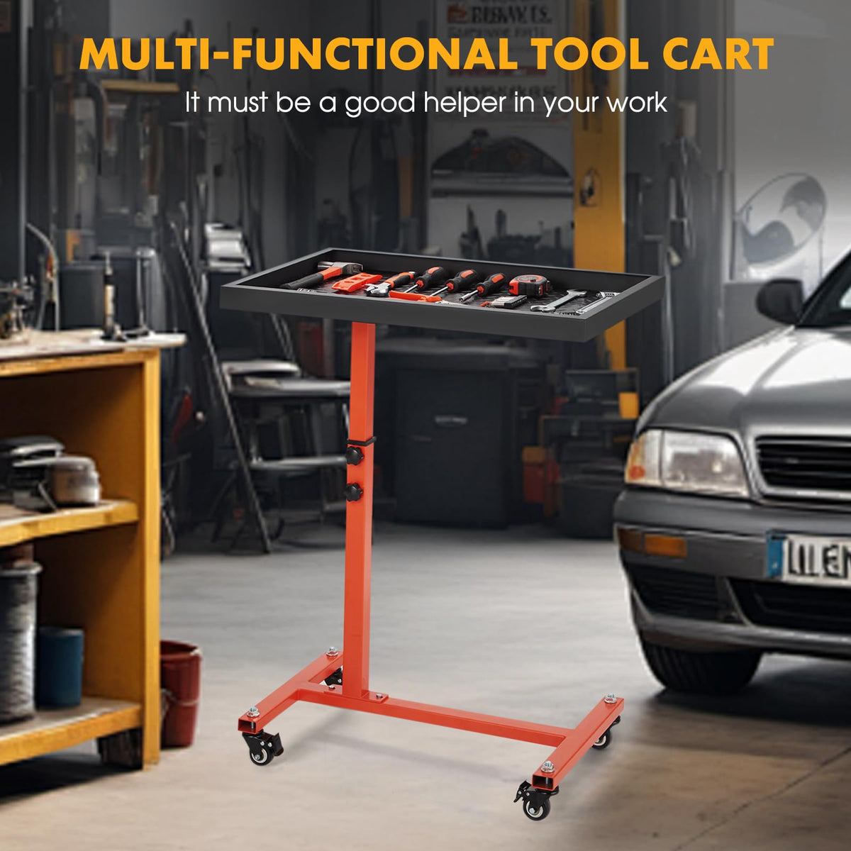 Adjustable Work Table, Mechanic Rolling Tool Tray Table, Orange
