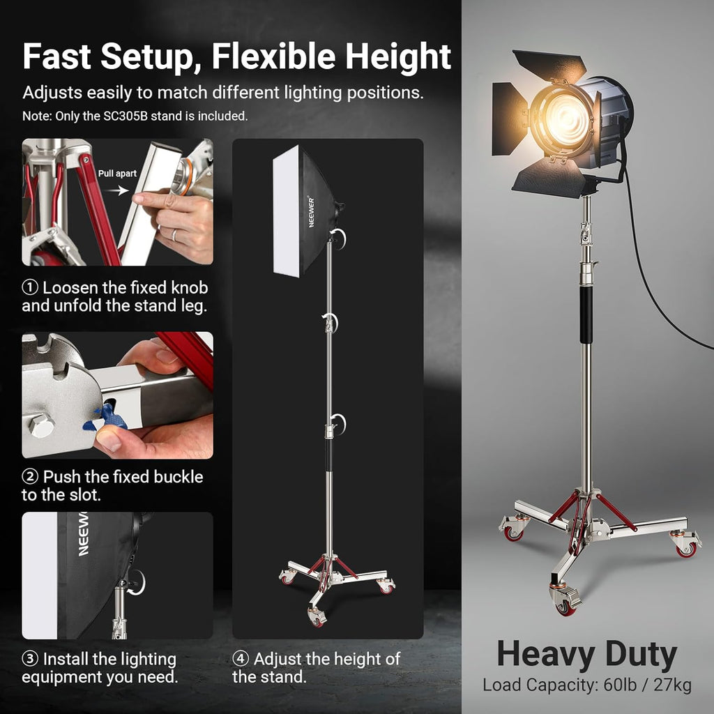 Basics 4.3-10ft Photography Light Stand with Casters, SC305B | 100% Stainless Steel, Heavy Duty Tripod Stand
