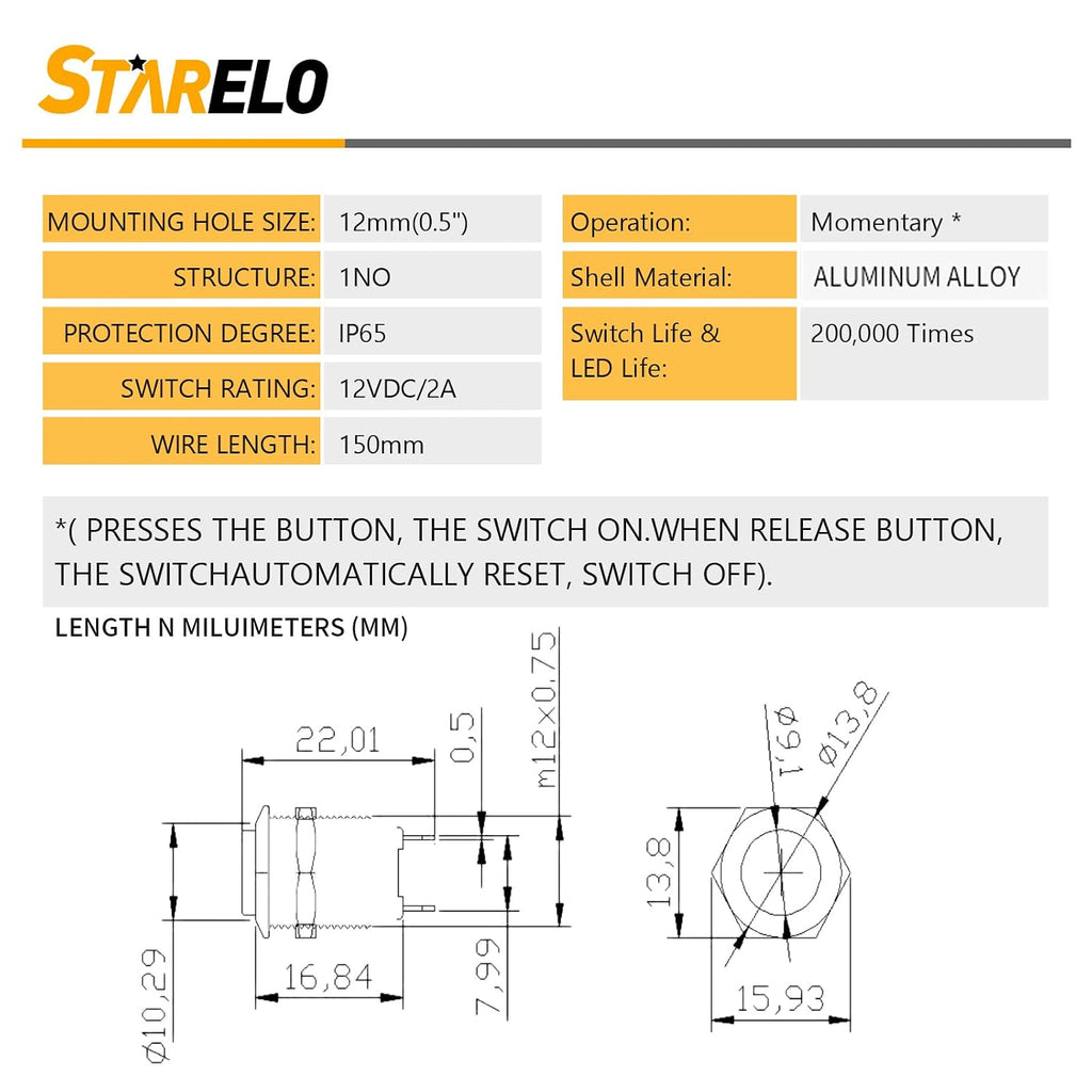 STARELO 5pcs 12mm Momentary Push Button Switch Black Shell with pre-Wiring, IP65 Waterproof Push Button Switch,Aluminum Alloy 1 Normally Open Without LED.