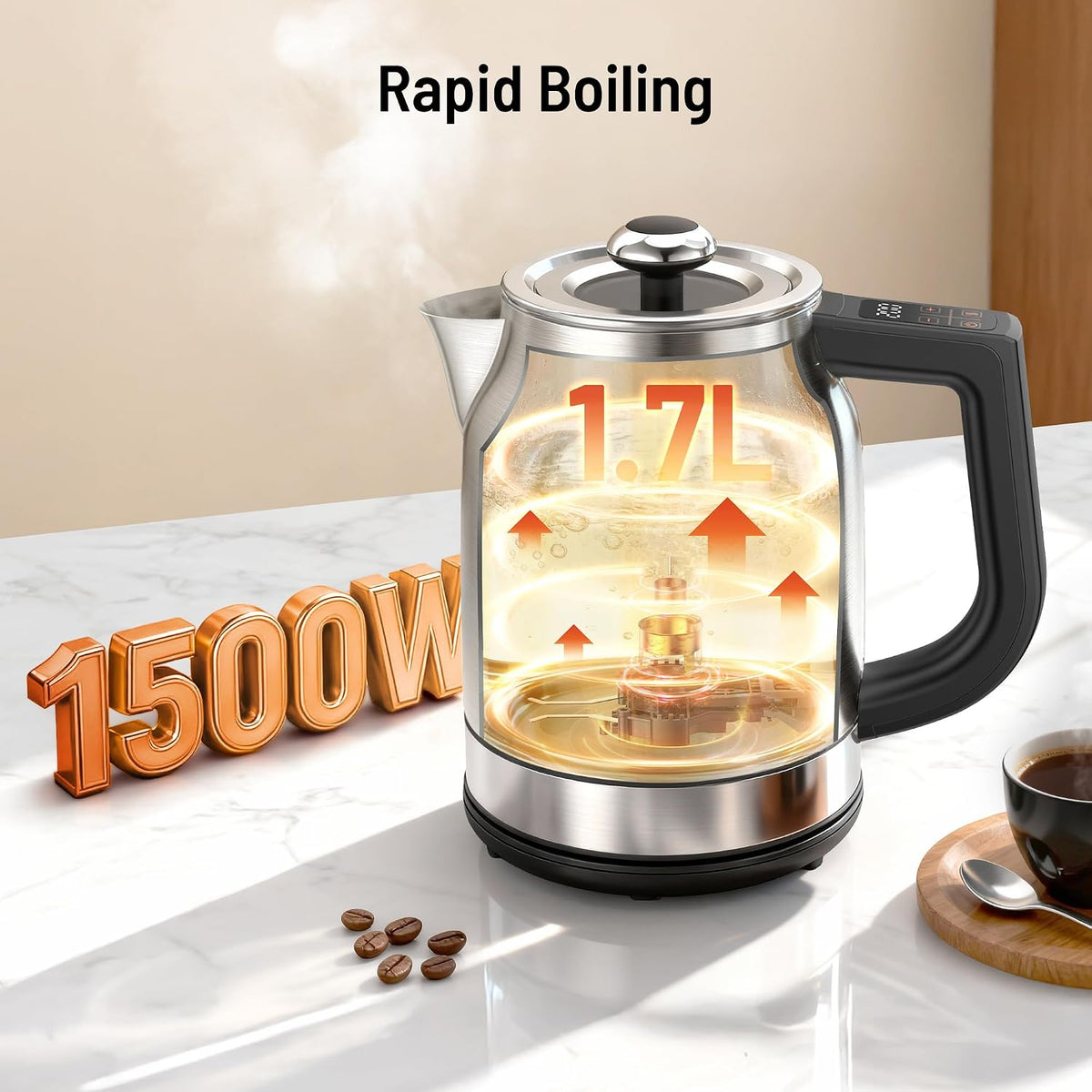 Electric Kettle with Temperature Control, 1.7L 1500W Stainless Steel Tea Kettle, 13 Preset Temperatures, LED Display