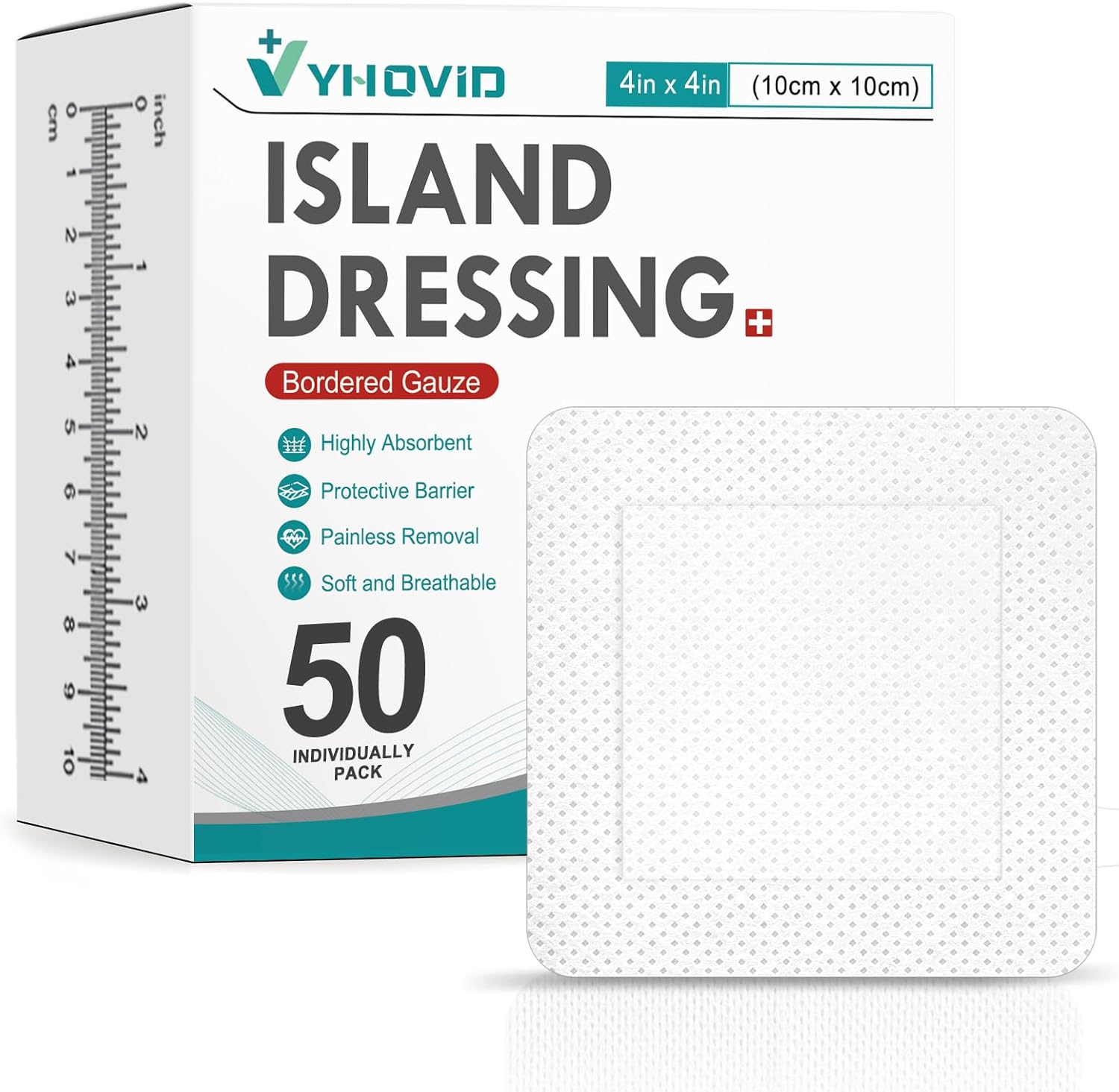 50 Count Island Dressing Bordered Gauze 4" x 4", Gauze Pads Individually Wrapped, Non-Stick Pad in Center with