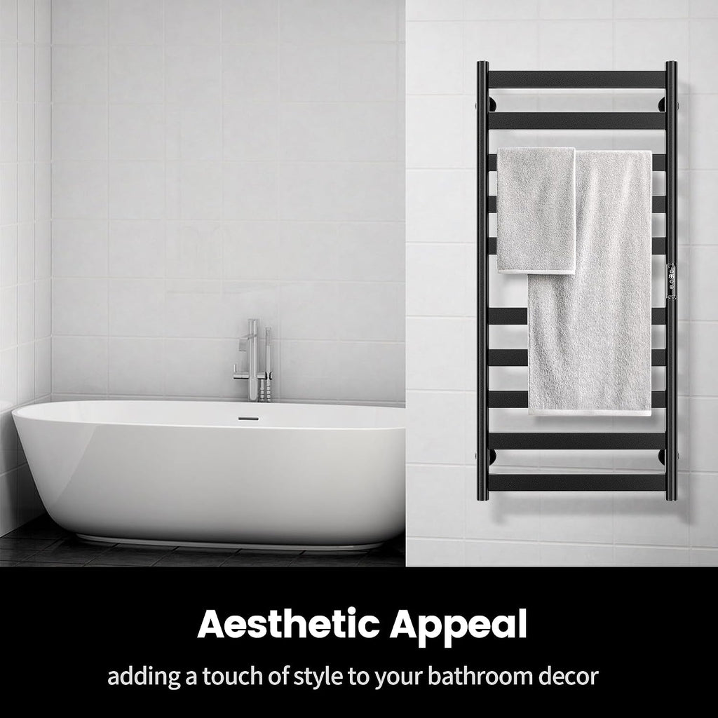 Electric Towel Warmer Rack, 10-Bar Stainless Steel Towel Rack, Black | 9H Countdown Timer, Carbon Fiber Heating, Wall