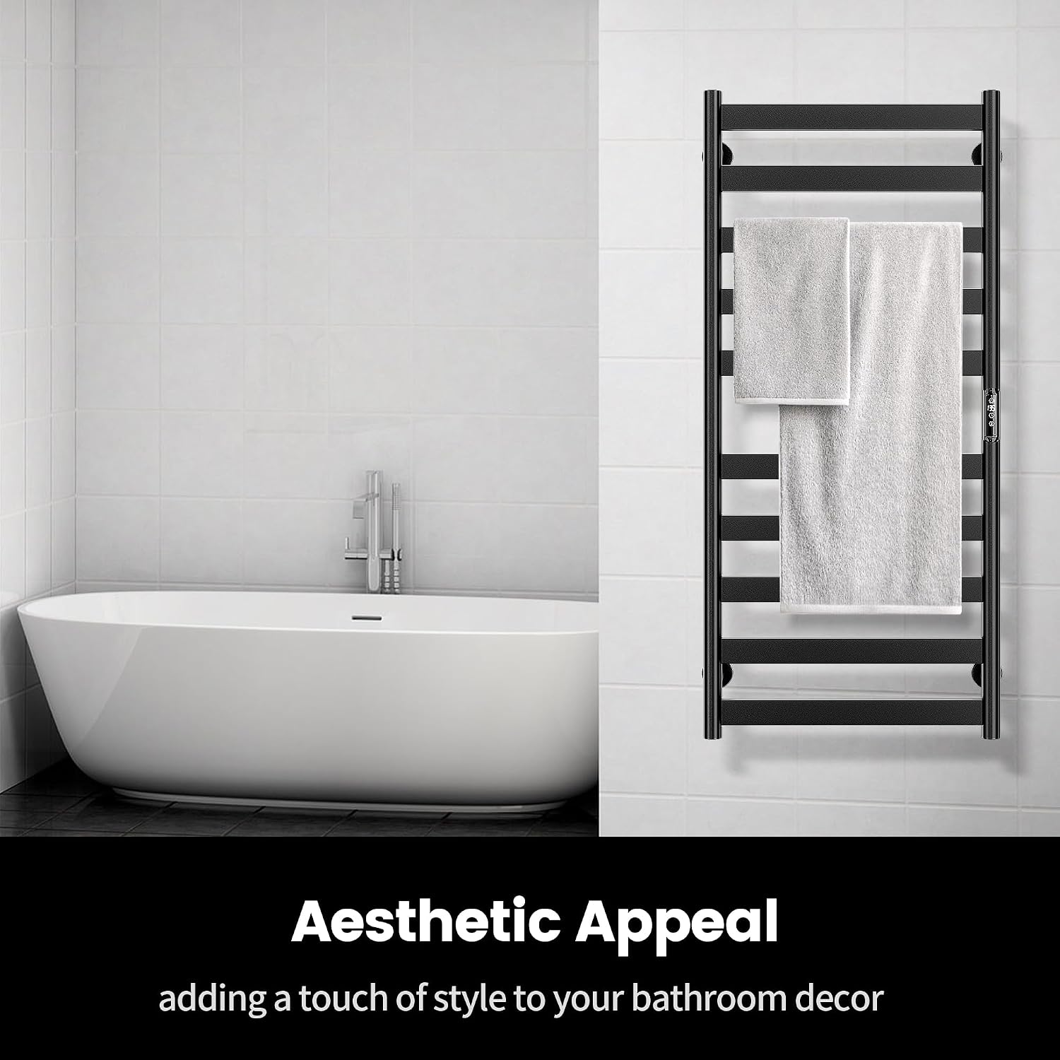 Electric Towel Warmer Rack, 10-Bar Stainless Steel Towel Rack, Black | 9H Countdown Timer, Carbon Fiber Heating, Wall
