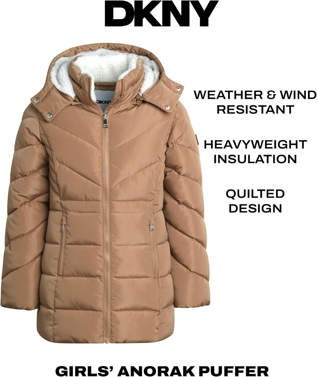 DKNY Girls Winter Jacket, Heavyweight Long Anorak Puffer,Sherpa Lined Coat | Insulated Plush Lined Warmth, Full