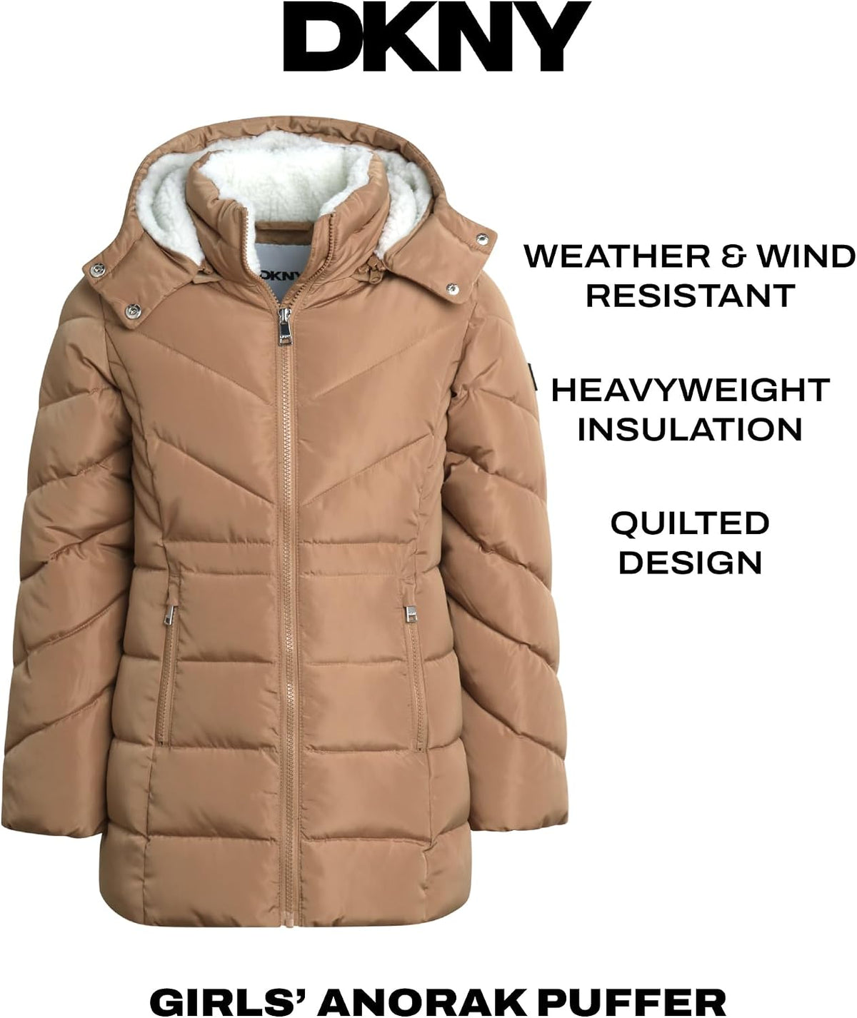 DKNY Girls Winter Jacket, Heavyweight Long Anorak Puffer,Sherpa Lined Coat | Insulated Plush Lined Warmth, Full