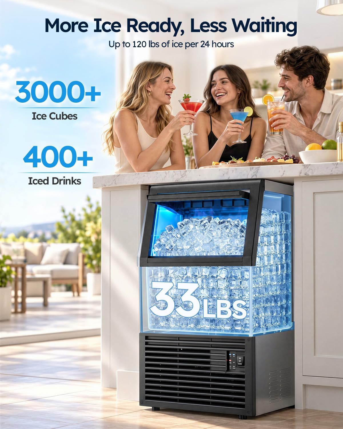 Commercial Ice Maker Machine, 120lbs/24H with 33lbs Ice Storage