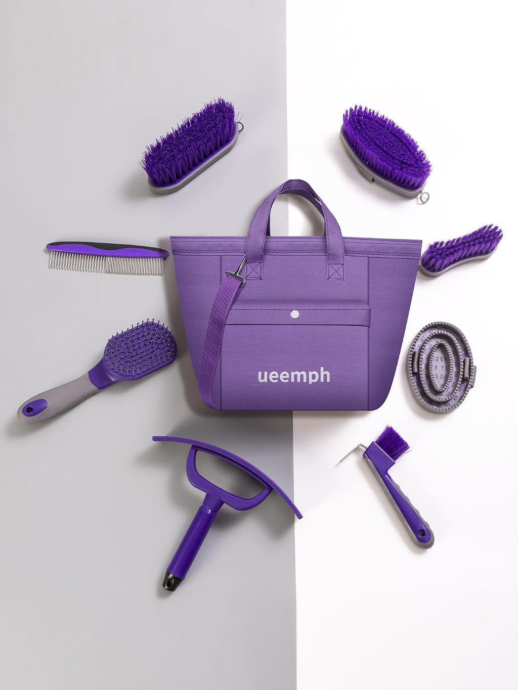 Horse Grooming Kit (12-Piece): Brushes, Storage Bag, Sweat Scraper, Mane Comb, Grooming Gloves - Purple Horse Gifts