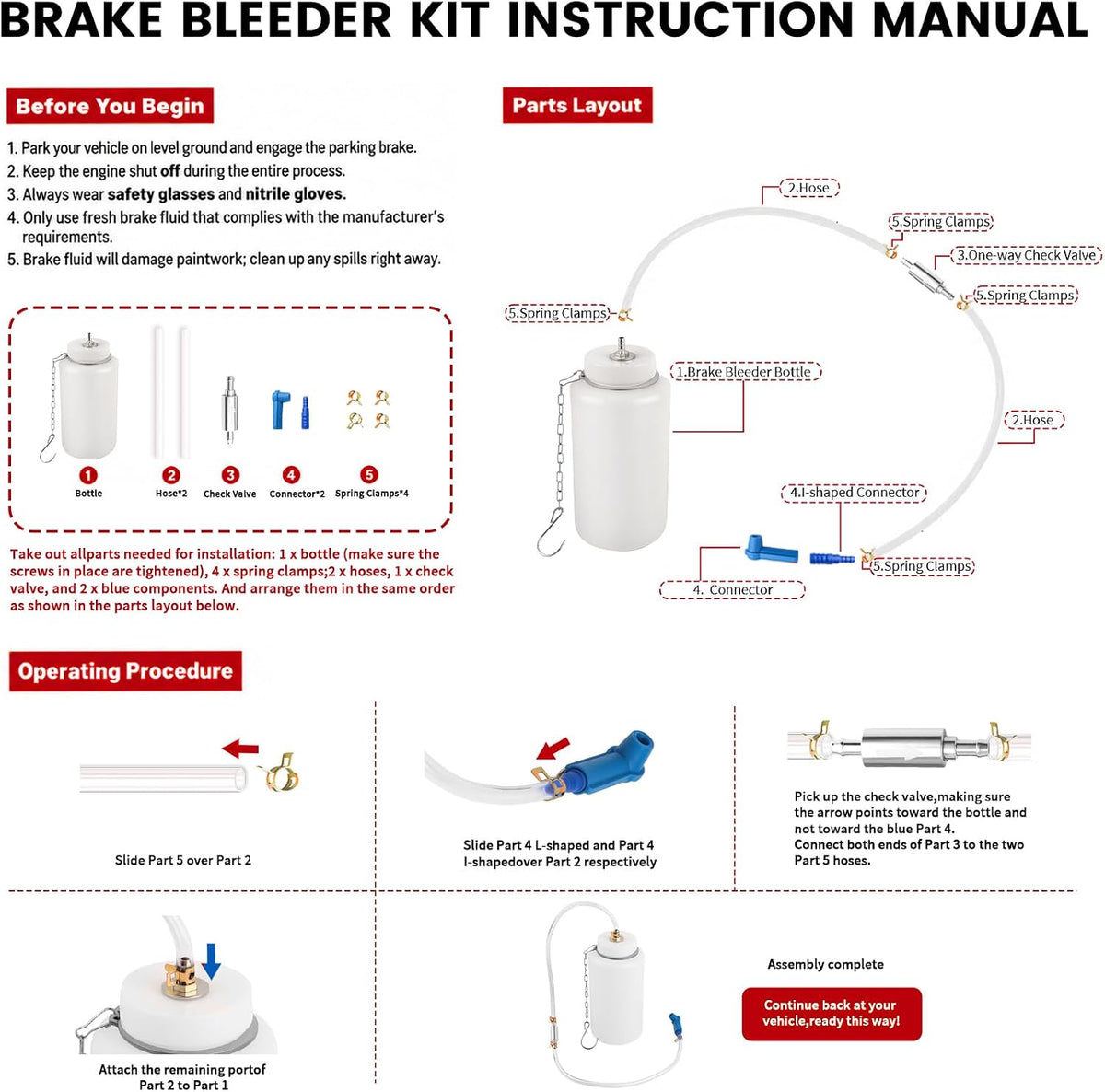 Brake Bleeder Kit with 1L Brake Bleeder Bottle/One Way Check Valve