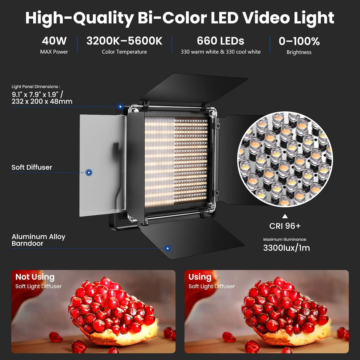 2 Pack Bi Color 660 LED Video Light and Stand Kit: (2) 3200-5600K CRI 96+ Dimmable Light with U Bracket and Barndoor