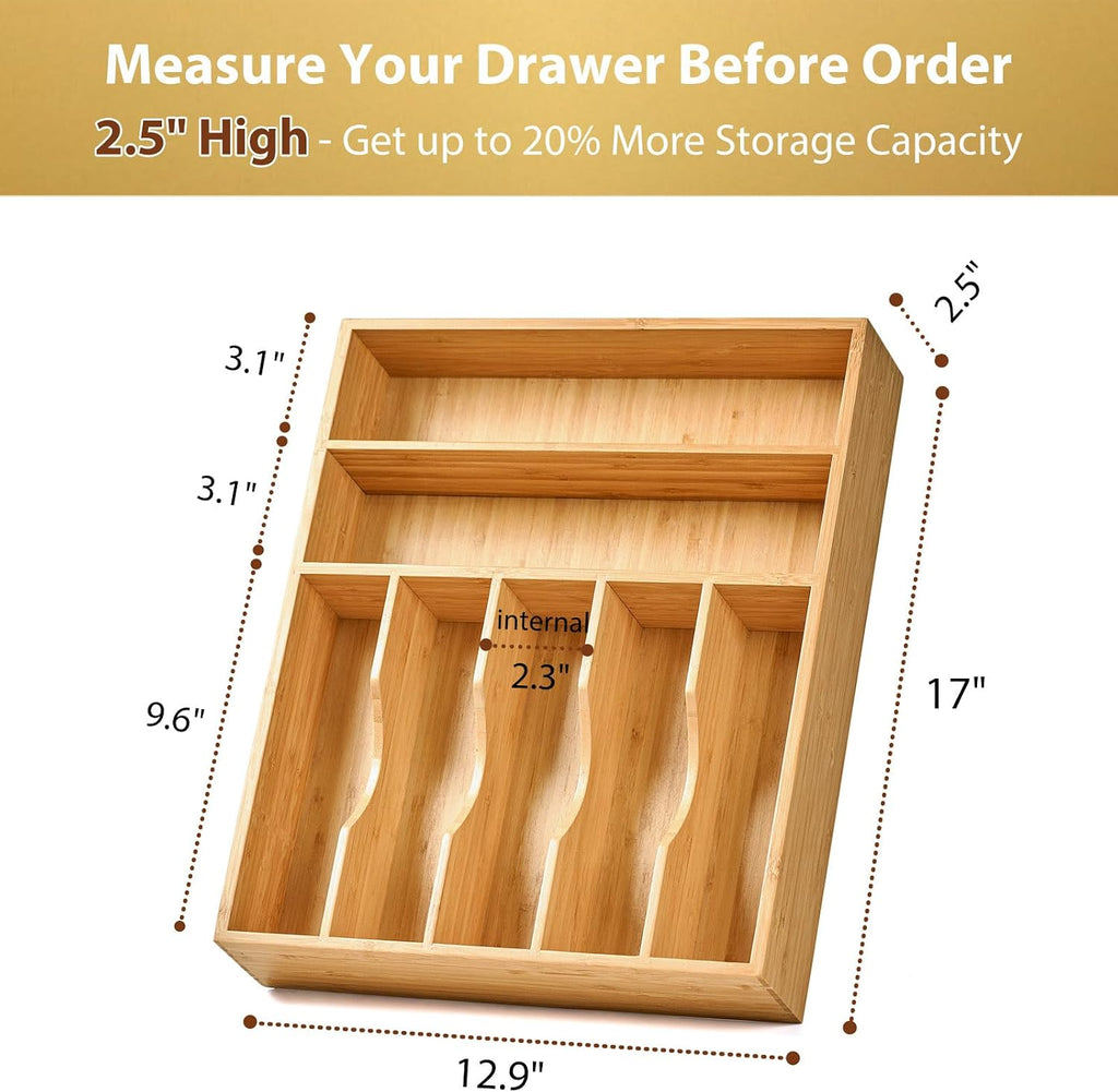 Bamboo Kitchen Drawer Organizer, 13 Inch Silverware Utensil Tray Holder, Extra Deep Grooved Drawer Divider, 7 Slots