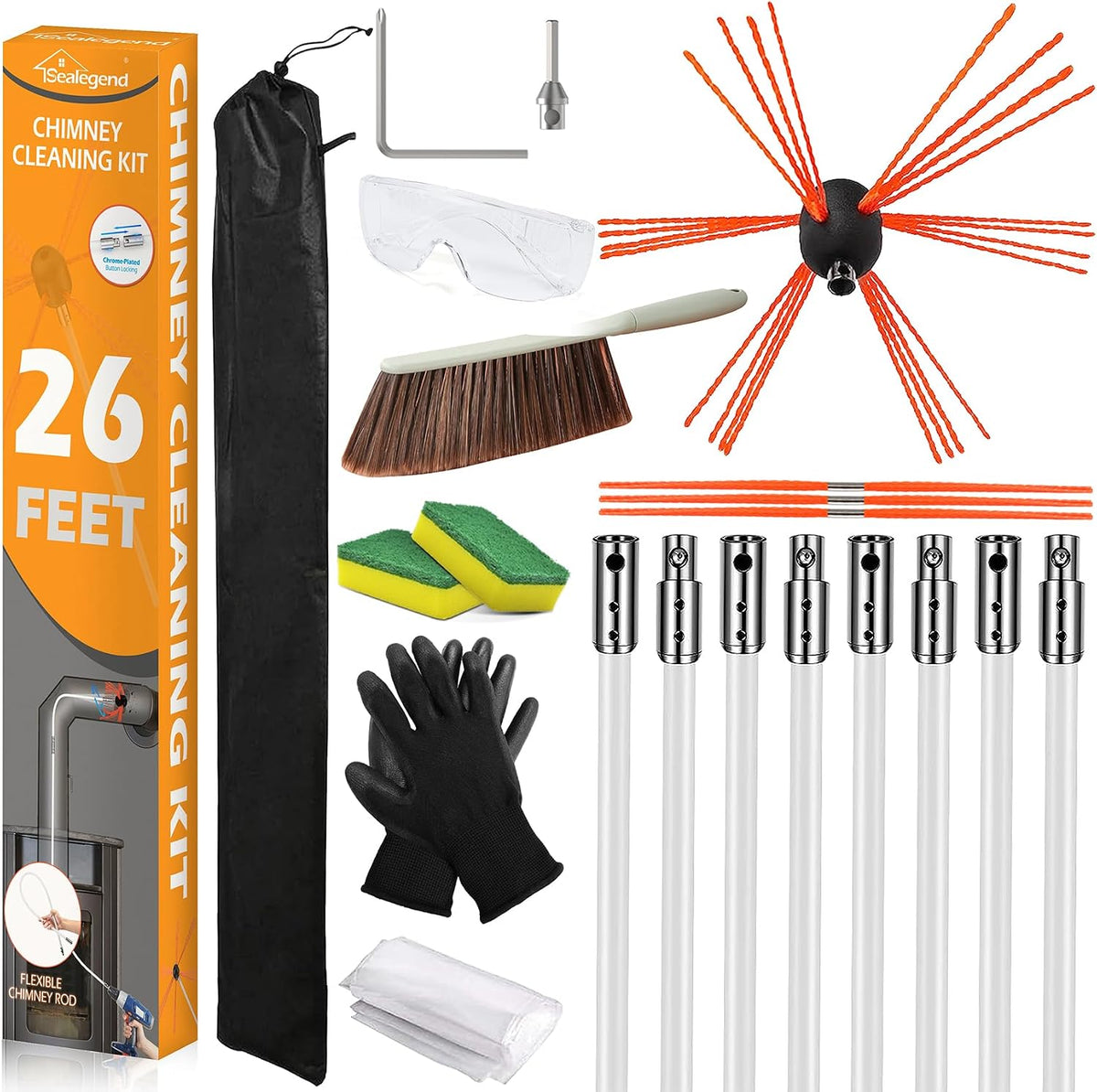 26FT Chimney Sweep Kit Rotary Cleaning Brush with 8 Flexible Rods
